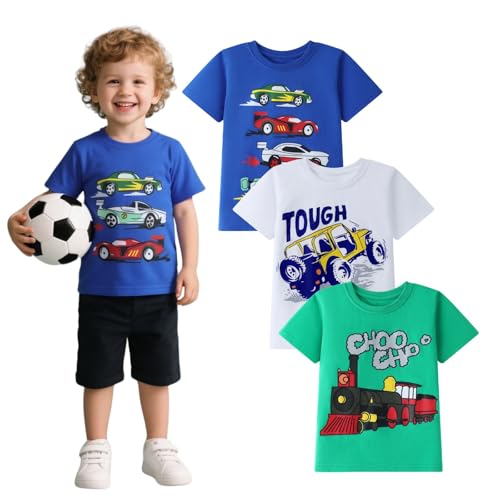 HILEELANG Toddler Boy Short Sleeve Tee Shirts Summer Cotton Casual Graphic Crewneck Tshirt Packs