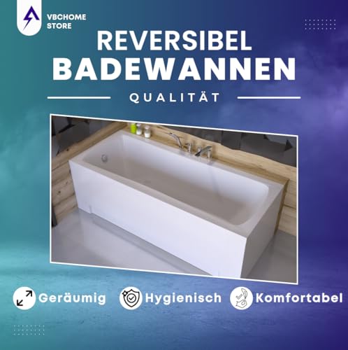 VBChome Badewanne 180x80 cm Acryl SET Schürze Siphon Wanne Rechteck Weiß Design Modern Ablaufgarnitur in Chrom