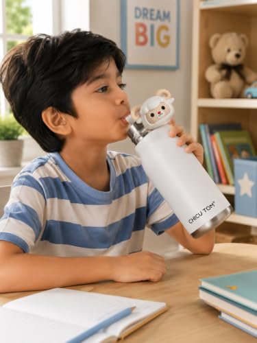 Image of 480ml Stainless Steel Sipper Water Bottle with Straw | Leakproof Animal Sipper Bottle | Reusable Drinking Bottle for School, Travel & Daily Use (Sheep)