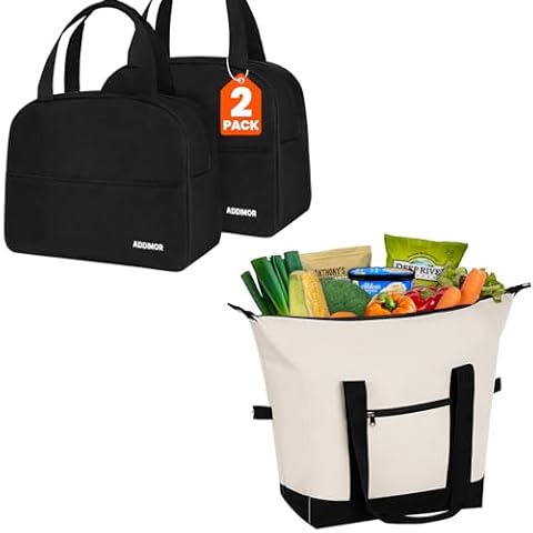 ADDIMOR 2 Pack Lunch Box for Women Men, 1 Pack Jumbo Insulated Cooler Bag for Groceries Beach Picnic Travel Cover