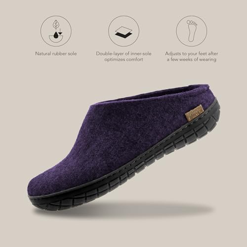 Image of Glerups 100% quality wool mix Slipper with rubber sole - Unisex Slip-on - Purple (Black rubber)