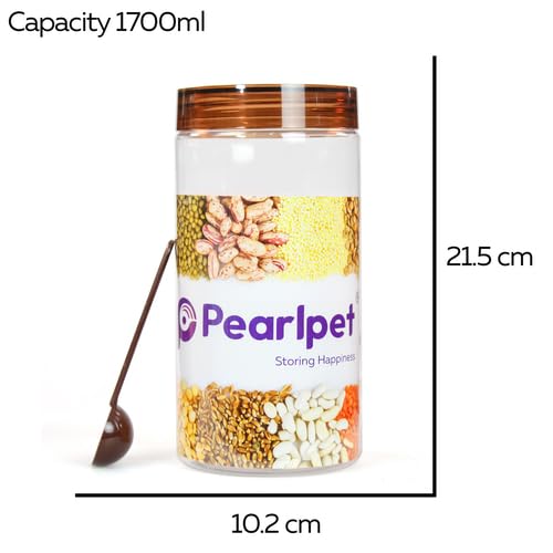 Image of PEARLPET Plastic Containers for Kitchen Storage | Plastic Container Set with Spoon | BPA-Free, Stackable Jars | Brown, 1700 ML (Set of 2)