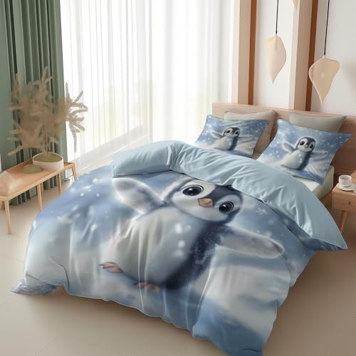 Housse de Couette 140 x 200 cm Pingouin Mignon animé Parure de Lit Respirant Microfibre Bleu Gris Housse Couette 1 Personnes, Ensemble de lit avec 2 Taies...