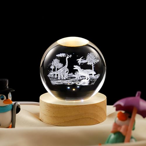 Image of 3D Dinosaur Crystal Ball Lamp with Dimmable LED and Wooden Base, Night Light for Kids Teens Adults, Home Desk Office Bedroom Decor, Birthday Gift (2.4 inch / 6cm)