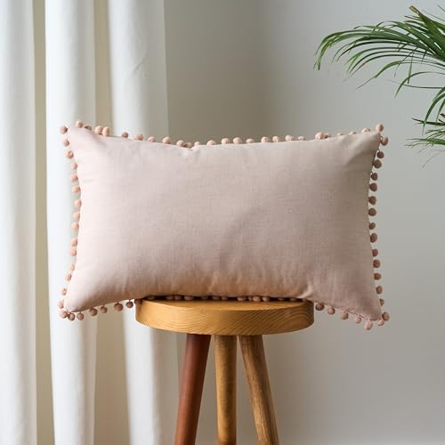 Image of 100% Cotton Pom Pom Cushion Without Filler, Elegant & Modern Cushion Cover for Living Room, Rectangle, 12 inchx20 inch, uni Chambray, Set of 2 - Cloud Rose