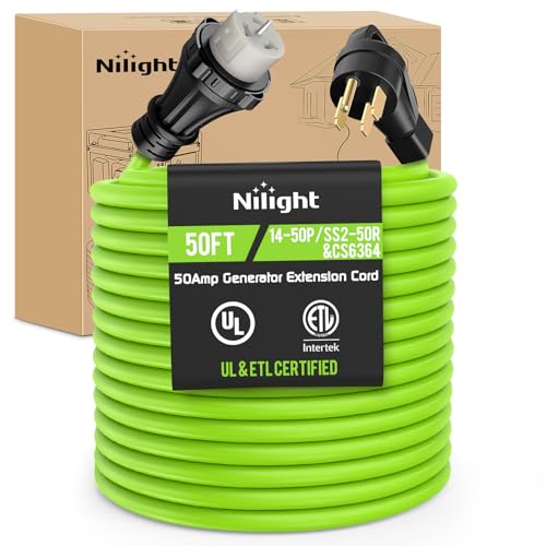 Image of Nilight 50FT 50 Amp Generator Extension Cord 250V Heavy Duty 6 /3+8 /1 Gauge Pure Copper STW Wire ETL Listed 4 Prong 14-50P SS2-50R&CS6364 Suit for RV Camper Outdoor Use Bright Green