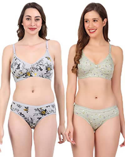 Image of Women Non Padded Wirefree Pure Cotton Printed Multicolor Bra & Penty Set 2 Pack Combo