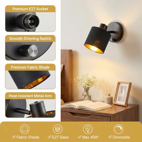 Aplique de pared vintage Yexati E27 regulable negro con interruptor y cabezal giratorio 4