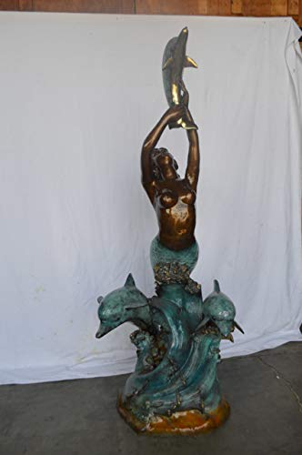 Estatua de sirena de bronce con delfines grande para jardín miniatura 3