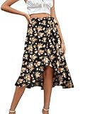 LYANER Women's Boho Floral Print Wrap Front Tie Knot Side Zipper Ruffle Hem Split Midi Skirt Zipper Black Orange Small