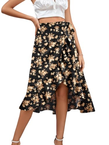 LYANER Women's Boho Floral Print Wrap Front Self Tie Knot Ruffle Hem Split Midi Skirt
