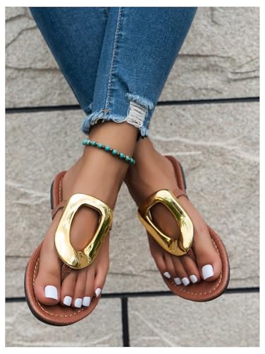 Image of GORGLITTER Women's Gold Flip Flops Square Toe Summer Sandals 2026 Wedding Dressy Vacation Beach Slides Shoes