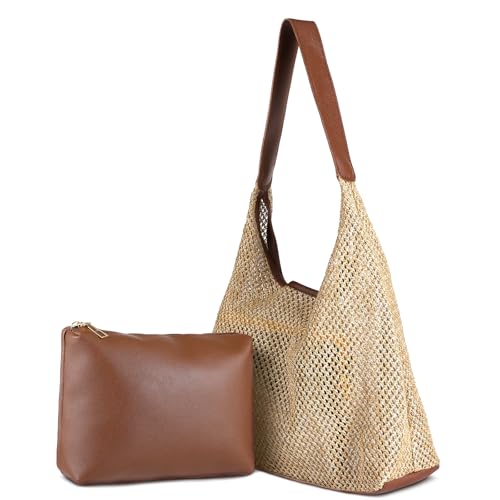 Image of Straw Beach Bags for Women- Beach Bags for Women, Mesh Tote Bag Leather Hobo Purse with Pouch for Vacation, Travel Essentials