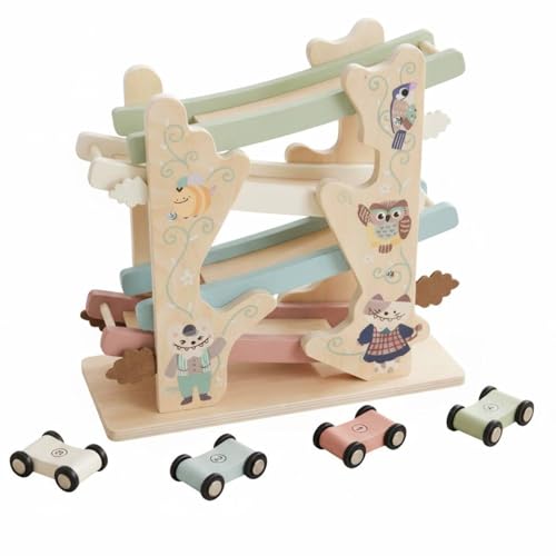 Circuit de voitures en bois avec 4 rampes d'apprentissage précoce