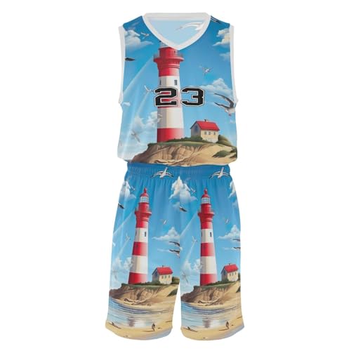 FLildon Sunny Sky Lighthouse Boys Basketball Jersey Set Tank Top Shorts Tracksuit Sport Training Suit for Kids, M