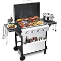 Nice Cooker 4-Burner Flat Top Propane Gas Grill Stainless Steel Griddle Combo with Foldable Side Table, 49,200 BTU Outdoor BBQ Grill, Porcelain-Enameled Cast Iron Grids, for Backyard, Patio Cooking