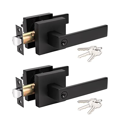 KNOBWELL 2 Pack Heavy Duty 2.13 lb Black Door Handles Exterior Square Door Handles with Lock and Key, Modern Door Handles Straight Lever(Not Same Key)