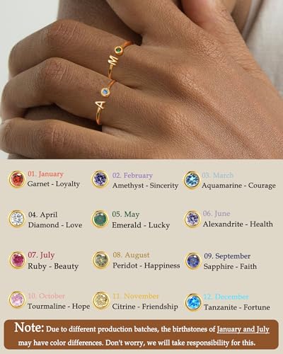 FUNEIA Initial Birthstone Rings for Women Non Tarnish Trendy Stackable Dainty Gold Letter Adjustable Emerald Green Cubic Zirconia Ring for Mothers Daughter Birthday Bridesmaid Gifts Jewelry3