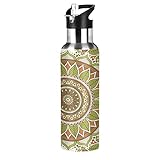 Vnurnrn Orné De Paisley Floral Persan Bouteille d'eau Isotherme avec Paille en Acier Inoxydable Gourde 600ML, Sans Bpa Gourdes Eau pour Enfant Sport Randonnée École Bureau