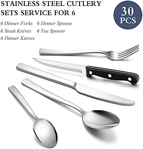 24 Piece Cutlery Set with 6 Piece Steak Knives, Homikit Stainless Steel Flatware Silverware Sets for 6 People, Elegant Tableware Set Included Knives Forks Spoons, Mirror Finished & Dishwasher Safe