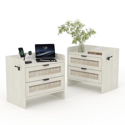 Rattan Nightstand Set of 2, Bedside Table, Modern Night Stand with Type-C Charging Station, 2 Drawer Storage Space, with Hook Included, Suitable for B