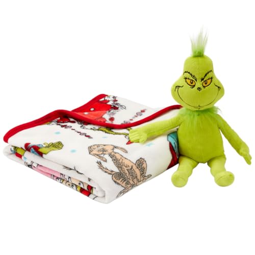 Dr. Seuss The Grinch Holiday & Christmas Kids Bedding Super Soft Plush Pillow and Throw 2 Piece Set 40 in x 50 in (Officially Licensed Product) By Franco