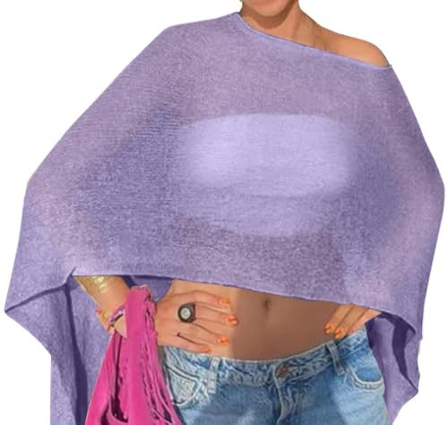 Vicarly Off The Shoulder Sheer Crochet Vacation Outfits Poncho Sweater Top Summer Beach Cover Up Women See Though Thru Festival Shawls Bolero Shrug Rave Resort Going Out Wear Swimsuit Light Purple M