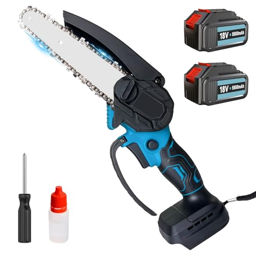 Mini Chainsaw Cordless 6 Inch Upgraded Small Brushless Handheld Chain Saw Electric Garden Pruning Saw with 2X 5500mAH Battery and Safety Lock for Tree Branch Wood Cutting