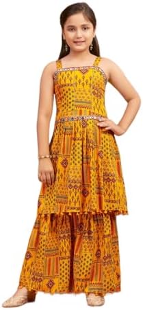 Aarika Girls Ethnic Wear Black Colour Printed/Mirror Lace Polyester Kurti Sharara Set