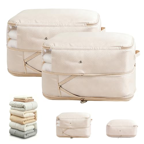 Image of Comforter Storage Bag, Large Capacity Blanket Storage Bags 2-Layer Ultra Space Saving Self Compression Organizer, Heavy Duty Space Saver Organizer for Bedding, Clothes, Blanket, 2-Pack, Beige