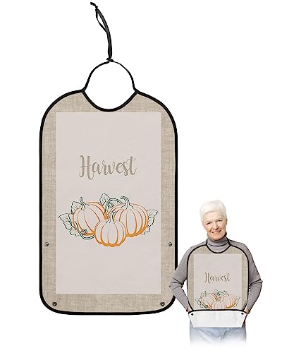 LEOKOTI Thanksgiving Pumpkin Harvest Adult Bibs for Eating, Waterproof Bibs with Food Catcher & Adjustable Snap Closure, Farmhouse Burlap Washable Clothing Protectors Adult Bibs for Elderly Women/Men