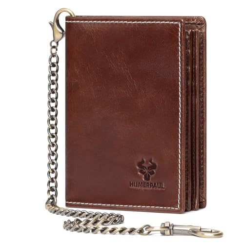 Niaiu Holder for AirTag Men's Wallet Genuine Leather Purse RFID Blocking Bifold with Anti-Theft Chain,Brown with Gift Box (Brown)