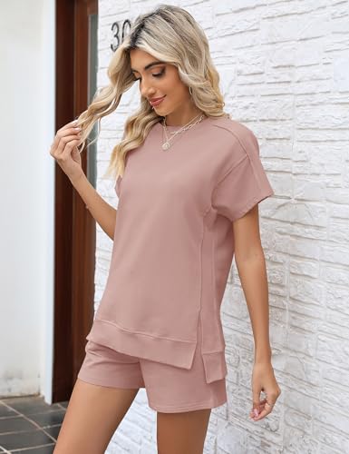 Image of LOMON Womens Fashion 2 Piece Outfits Sweatsuits 2026 Summer Short Sleeve Loungewear Tracksuit Round Neck Lounge Shorts Sets