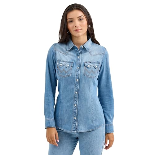 Wrangler Blue Denim Retro Denim Women's Long Sleeve Snap Shirt 112367313