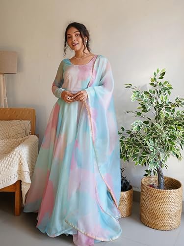Image of KEDARFAB Women's Stylish Abstract Print Georgette Anarkali Gown, Kurta with Dupatta, XL Sky Blue