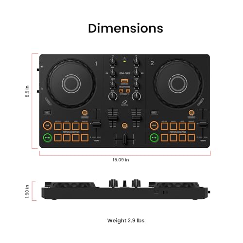 Image of Pioneer DJ AlphaTheta DDJ-FLX2 Compact 2-Channel DJ Controller | Bundle with Laptop Stand, Headphones, and Austin Bazaar Polishing Cloth