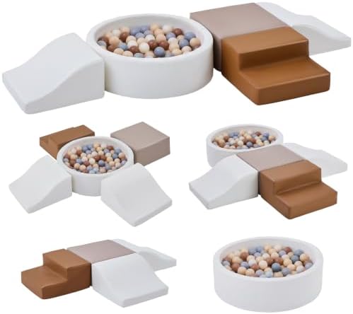 Foam Climbing Blocks for Toddler: with 4-Piece PU Leather Climbing Toys and a Ball Pit – Foam Ball Pit for Toddlers – Climbing Toys Indoor for Kids Crawling (Beige/Ivory Climbing Blocks)