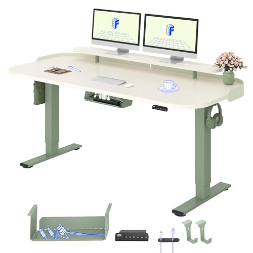 FLEXISPOT Bureau Assis Debout 160x80cm avec Rangement, Double Moteur, Bureau Réglable en Hauteur avec Mémoire, Bureau Enfant, Coiffeuse, Télétravail et Chambre, Vert Menthe + Mousse Blanche