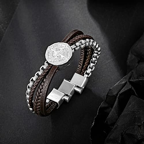 Image of Men's Bracelet Leather with Compass, Braided Leather Bracelets for Men Magnetic Clasp 7.5 /8.5 /9.5 inch Gift for Husband Boyfriend Father