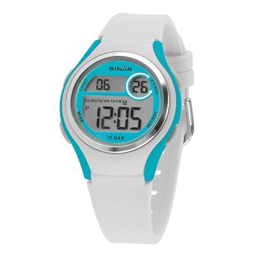 SINAR Mädchen Armbanduhr Jugend Sportuhr Fitness Outdoor Digital Quarz 10 Bar wasserdicht mit Licht und Silikonband Weiß Türkis XE-64-0