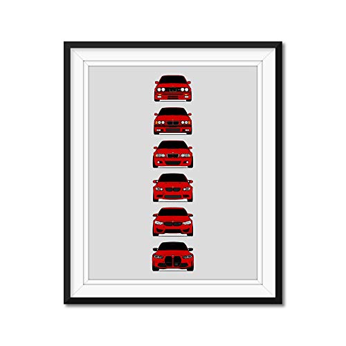 Custom Car Posters Handmade Poster compatible with BMW M3 Generations and Print of E30, E36, E46, E92, F80, G80 - Imola Red, 24x36 Metallic Print (Unframed) - Gift for Car Enthusiast