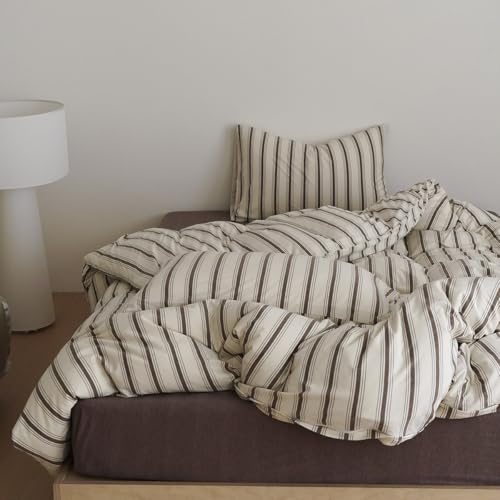 Image of Nayoroom Striped Duvet Cover Queen Size Brown Stripe Duvet Cover Dorm Bedding Set 3 Pieces Soft Lightweight Microfiber Farmhouse Bedding Set Gifts for Women Men
