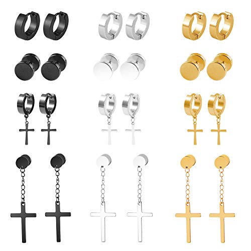 18 Pairs Stainless Steel Mens Earrings Piercing Crystal Hinged Earrings Cross Dangle Earrings Studs Cross Earrings For Men Women Boys Hoops Earrings Clip On Earrings Black Gold Silver Earrings Set #TOP6