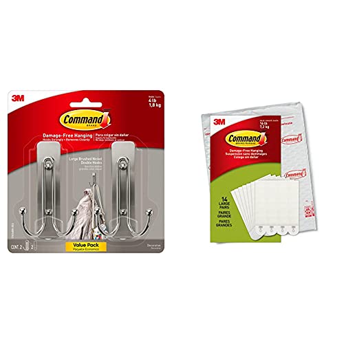 Image of Command Large Wall Hooks, 2 Pack, Brushed Nickel, Organize Damage-Free & Picture Hanging Strips, Holds 16 lbs, 14 Pairs, White, PH206-14NA