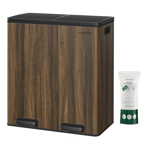SONGMICS Trash Can, 2 x 8-Gallon Garbage Can for Kitchen, with 15 Trash Bags, 2 Compartments, Plastic Inner Buckets and Hinged Lids, Airtight, Dark Walnut ULTB060N02V1
