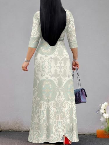 Image of Women's V Neck Floral Maxi Dress 3 /4 Sleeve Plus Size Boho Wrap Flowy Long Dresses with Belt