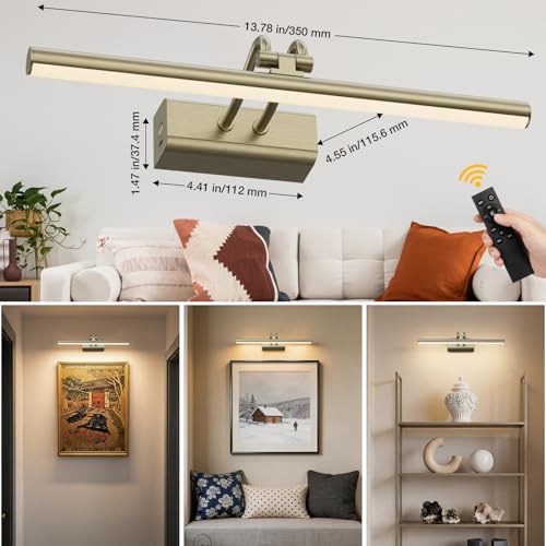 Image of Picture Light for Wall, Antique Brass, 13.8 inch, Remote Control | 4000mAh Cordless,Wall Light, Magnetic for Easy to Charge,Timers, Display for Gallery Living Room Bedroom