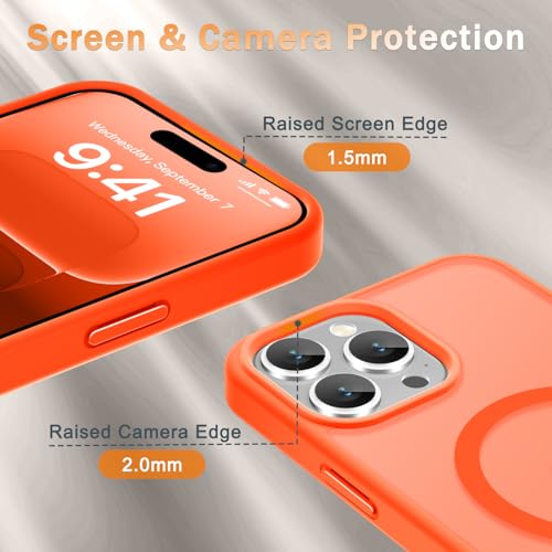 Image of YENAPOON for iPhone 14 Pro Max Case, Matte Magnetic Phone Cover [with 1 Screen Protector] [Support for MagSafe] [Shockproof Military Grade Protection] Translucent Frosted Back, Orange