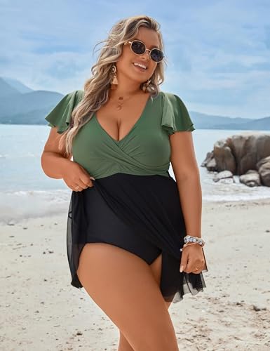 Image of Blooming Jelly Womens Plus Size Swimsuit One Piece Tummy Control Bathing Suit Modest Curvy Cute Swim Dress Ladies Swimwear