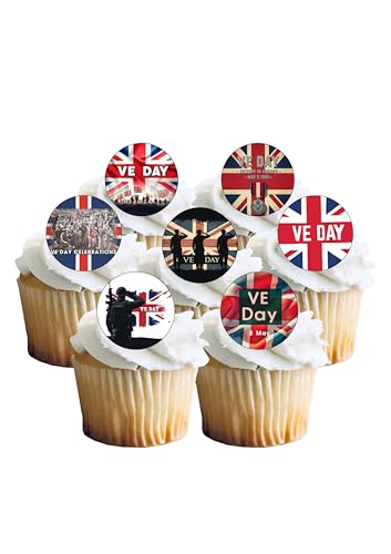 24 Pre-Cut VE Day UNION JACK WW2 8th May 1945 Themed Edible Wafer Paper Cake Toppers Decorations
